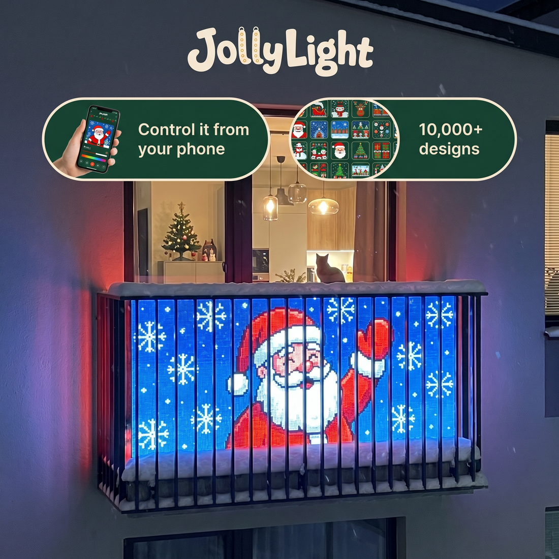 JollyLight smart LED balcony curtain showing a waving Santa