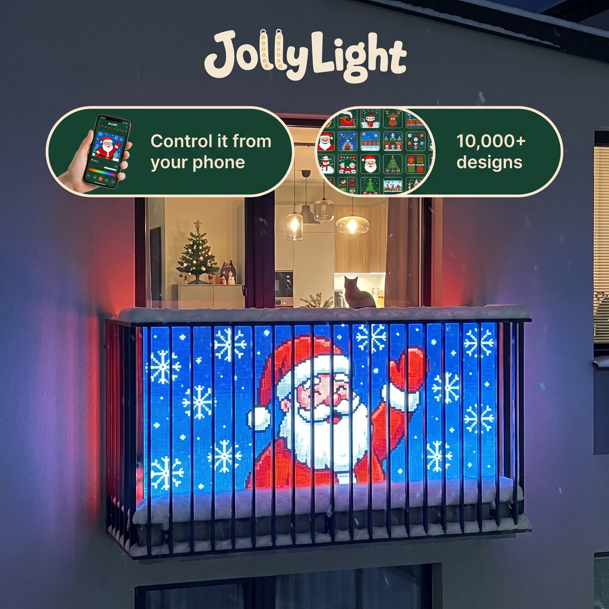 JollyLight smart LED balcony curtain showing a waving Santa