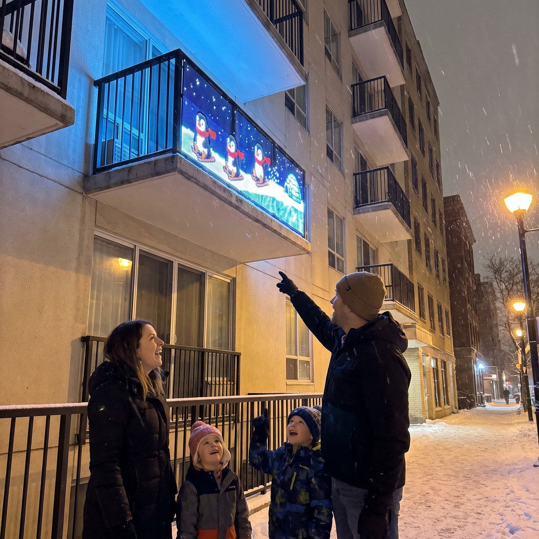A family looking up at a JollyLight balcony