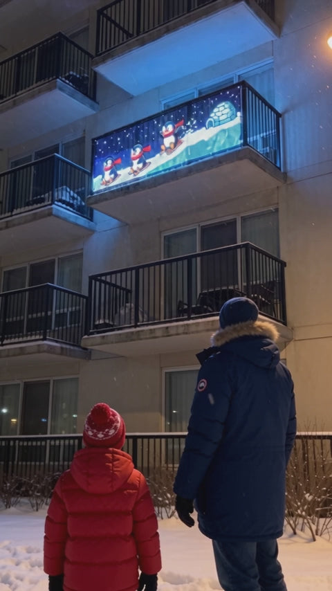 Kid and dad pointing at an animated JollyLight balcony